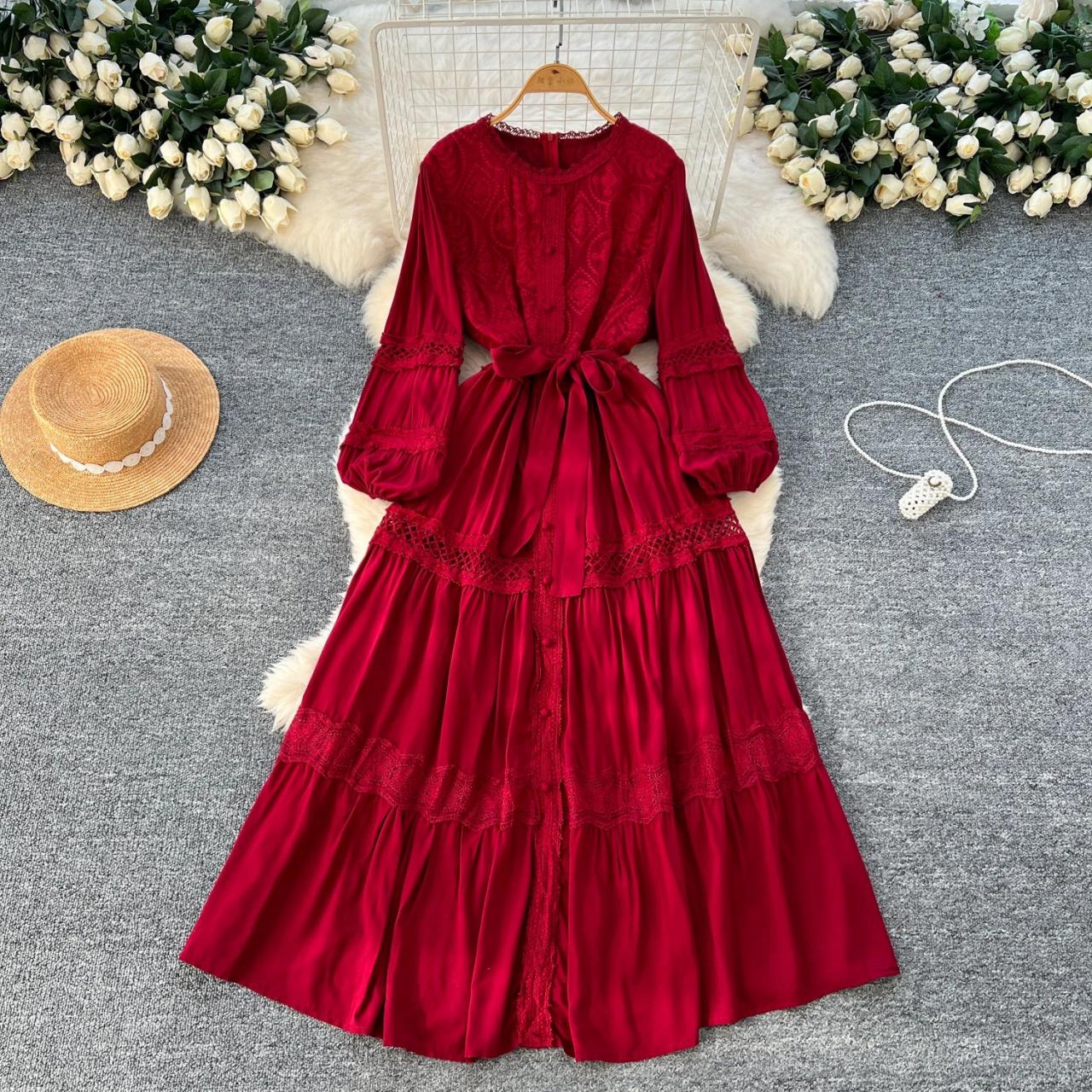 Vintage Red Lace Long Sleeve Maxi Dress