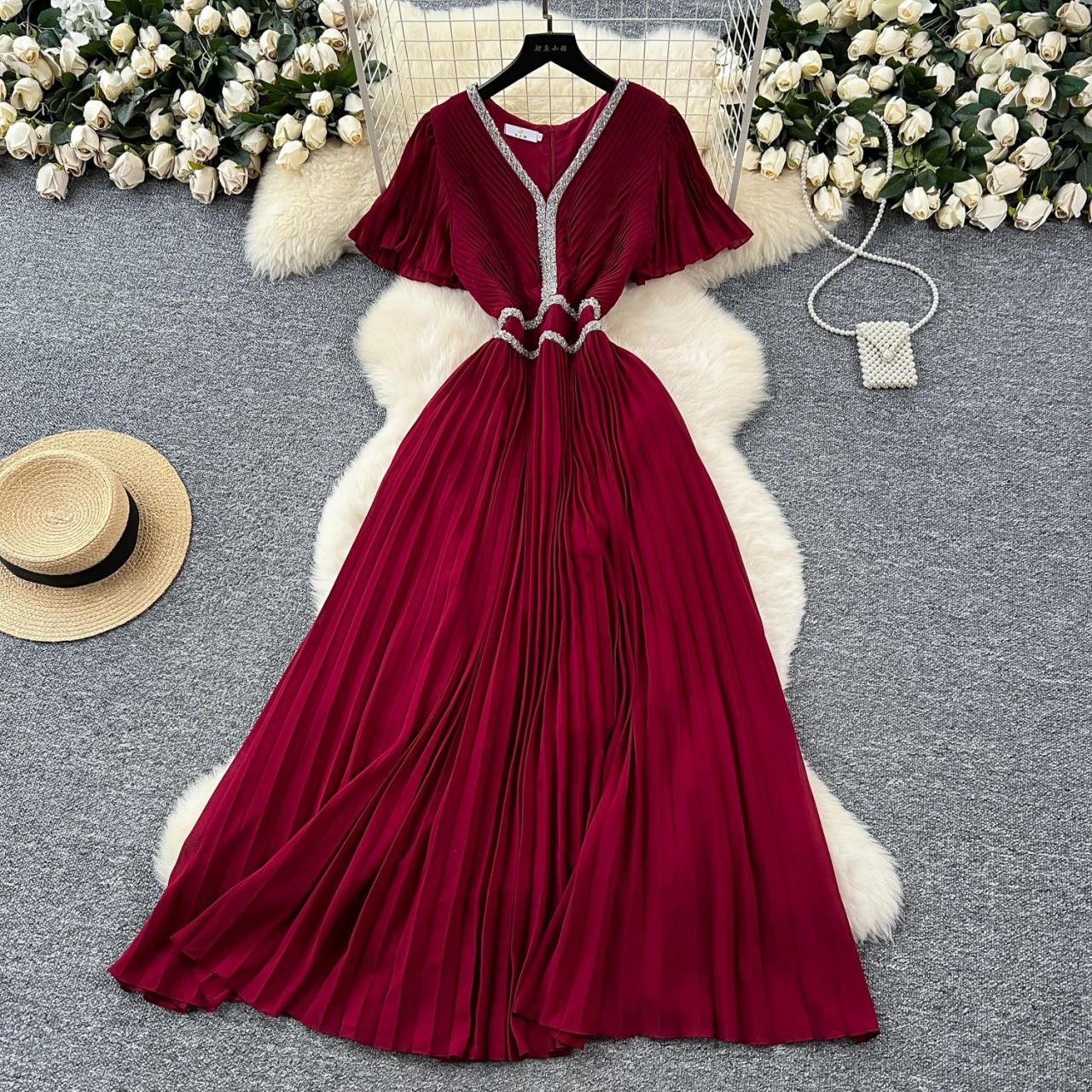 Burgundy Pleated V-Neck Maxi Dress with Belt