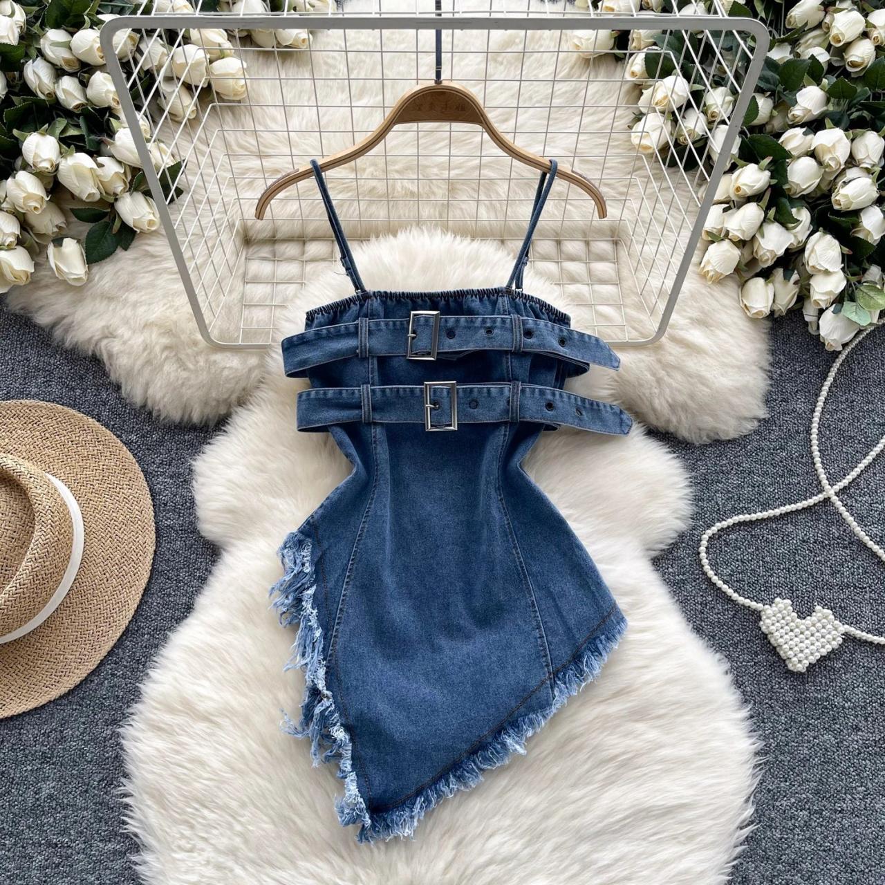 denim dress with buckles Jett Buckle Waist Mini Dress Denim Blue