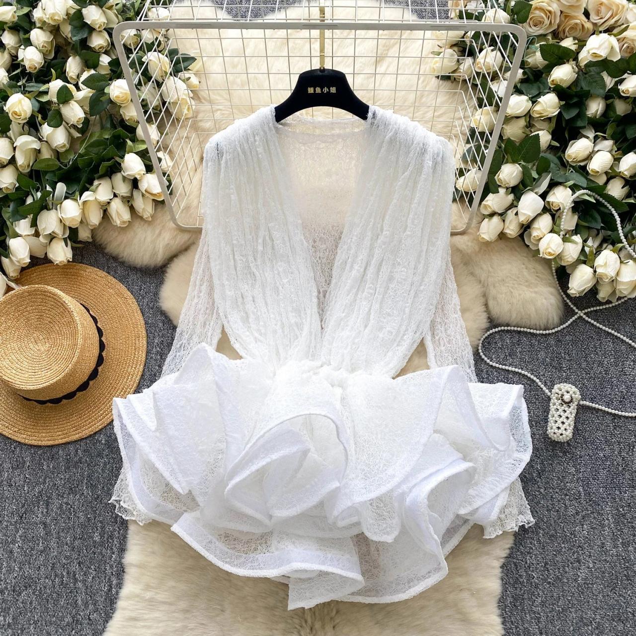 Chic White Lace Flared Long Sleeve Dress on Luulla