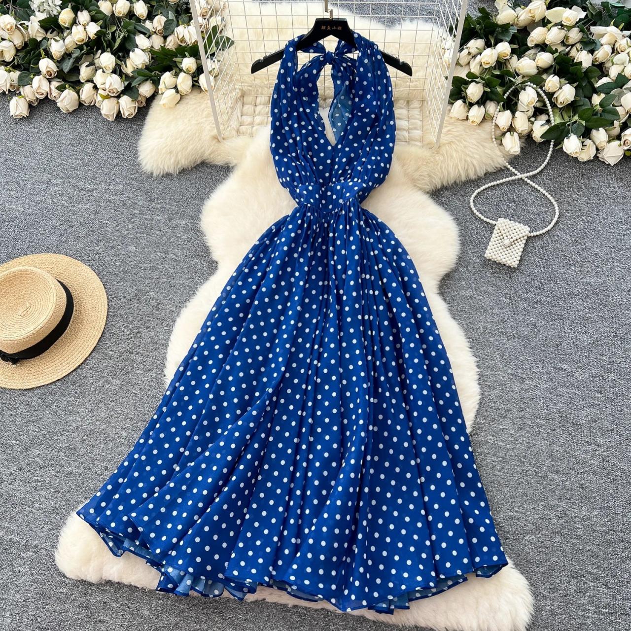 Blue Polka Dot Halter Maxi Summer Dress