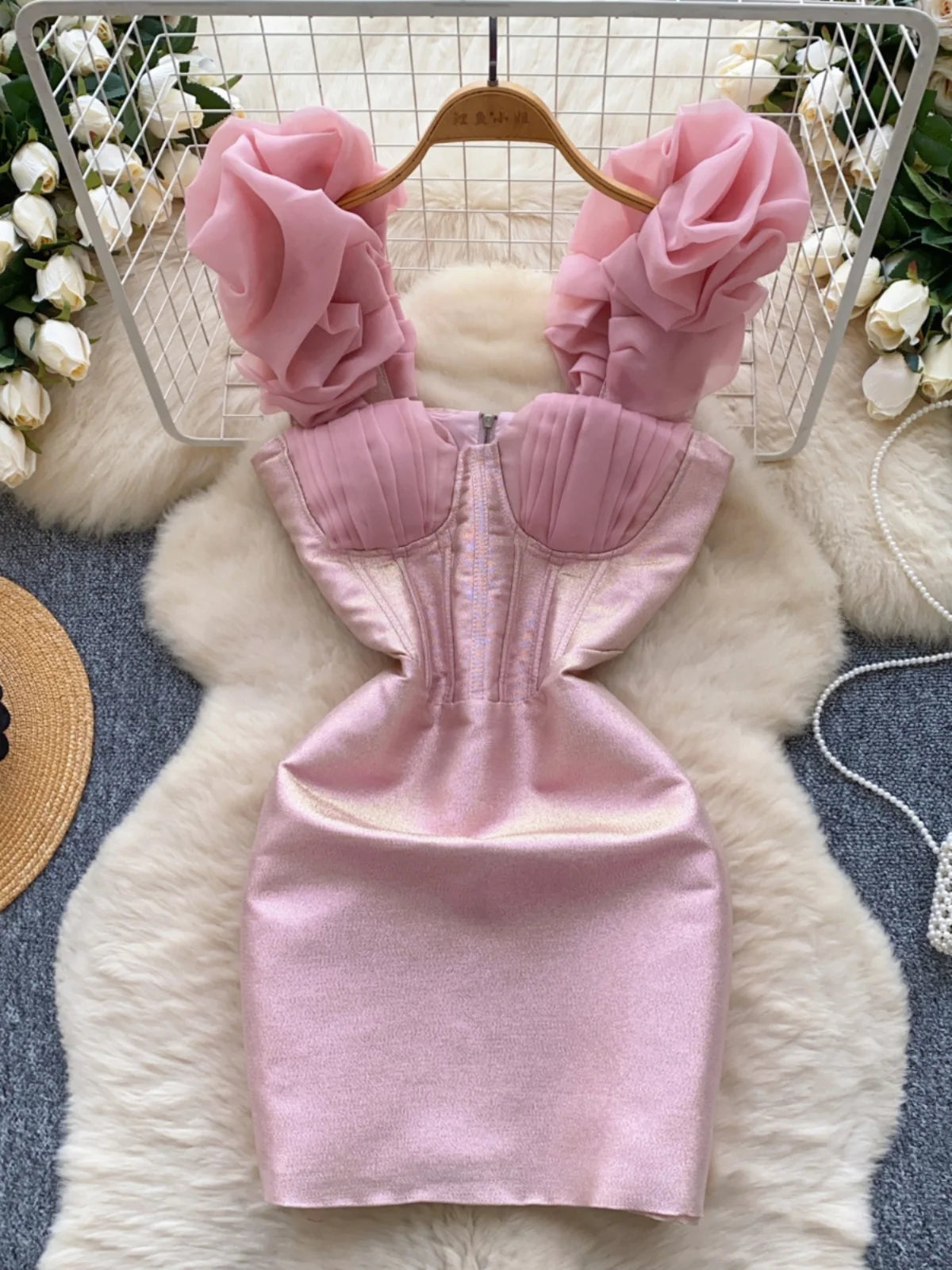 Pink Ruffled Sleeveless Corset Bodycon Mini Dress