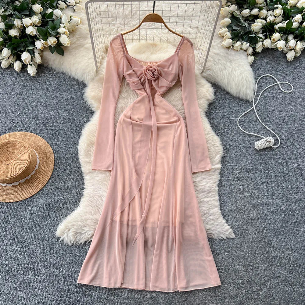 Blush Pink Long-Sleeve Sheer Bodycon Dress